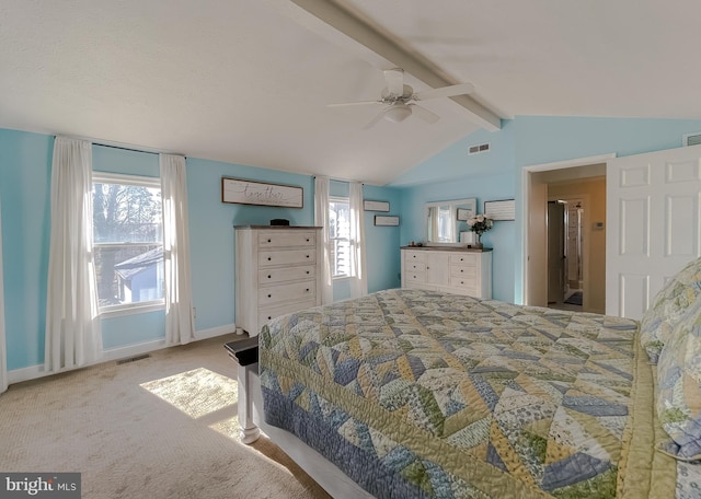 bedroom with visible vents, lofted ceiling with beams, baseboards, and carpet floors