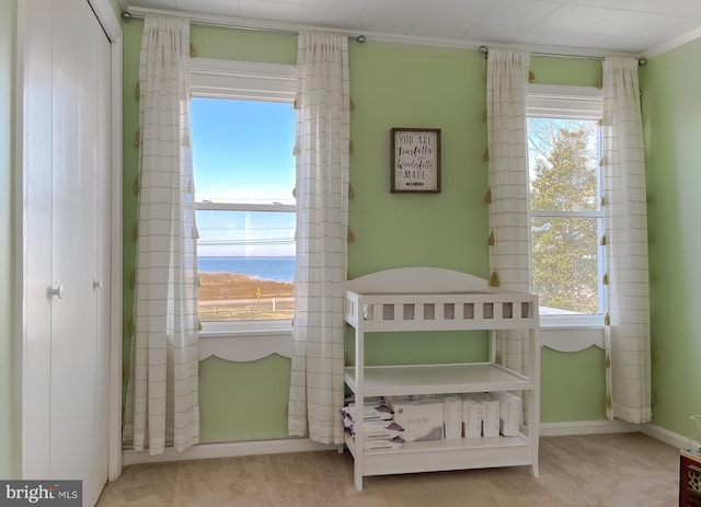 carpeted bedroom featuring baseboards and ornamental molding