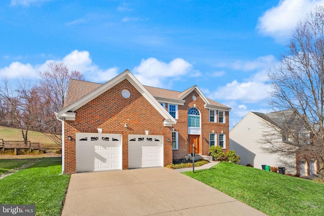 view of front of house with brick siding, driveway, an attached garage, and a front lawn