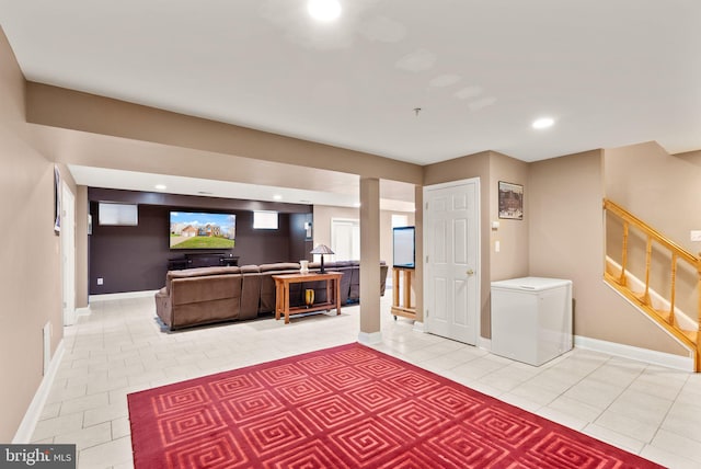 interior space with recessed lighting, stairway, baseboards, and light tile patterned flooring