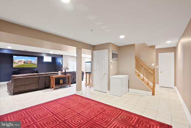 interior space featuring stairs, light tile patterned floors, recessed lighting, and baseboards