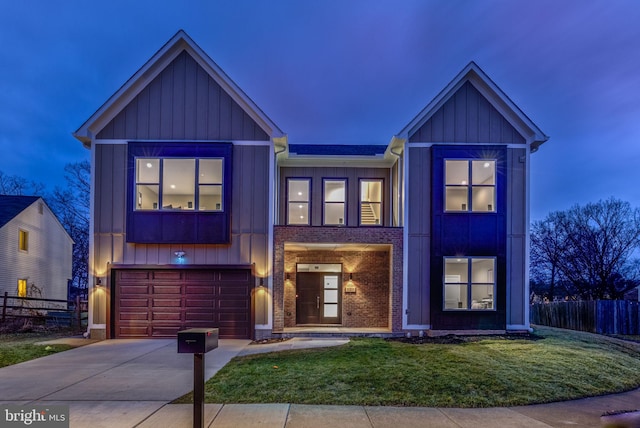 view of front of property with a garage, brick siding, board and batten siding, and fence