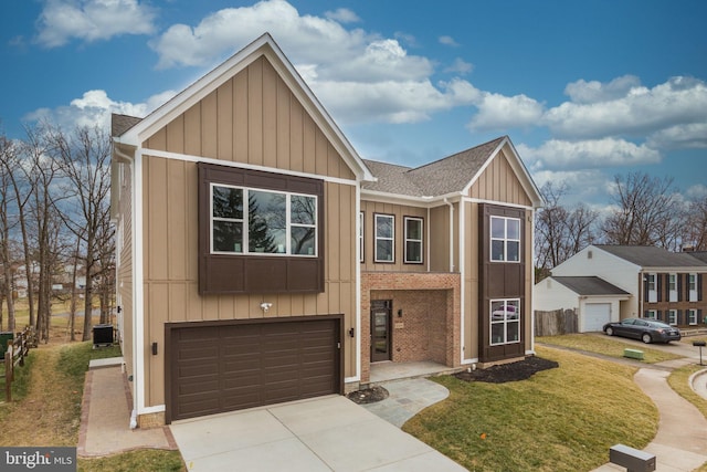 view of front of home featuring driveway, roof with shingles, a garage, board and batten siding, and brick siding