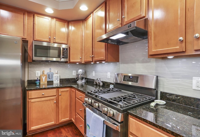 kitchen featuring backsplash, under cabinet range hood, dark stone countertops, appliances with stainless steel finishes, and dark wood-style flooring