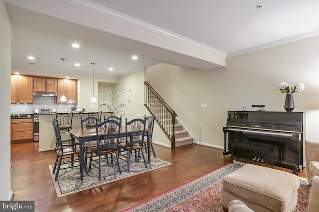 dining room featuring recessed lighting, stairway, dark wood-style floors, and ornamental molding