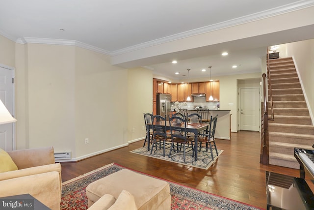 dining area with stairs, ornamental molding, dark wood-style flooring, recessed lighting, and a baseboard radiator