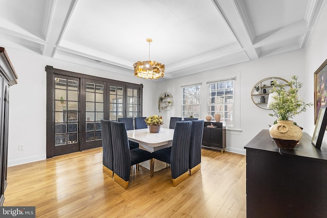 dining room with light wood-style flooring, a notable chandelier, baseboards, and coffered ceiling