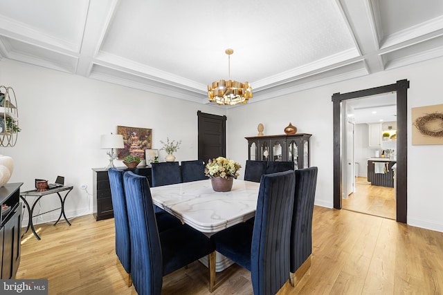 dining room featuring baseboards, coffered ceiling, beamed ceiling, a notable chandelier, and light wood-type flooring