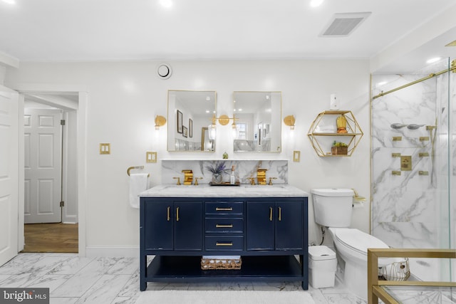 full bath with a marble finish shower, visible vents, marble finish floor, and toilet