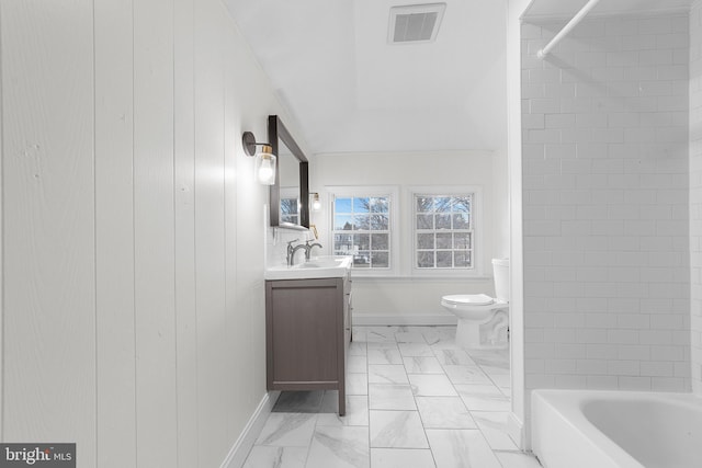 bathroom featuring visible vents, toilet, marble finish floor, baseboards, and vanity