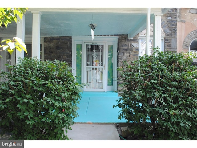 entrance to property featuring stone siding