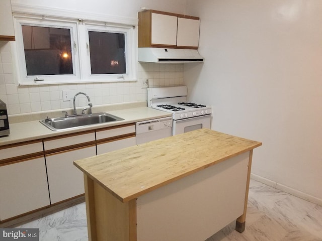 4408 Sherwood Rd, Philadelphia, PA 19131 - kitchen featuring marble finish floor, white appliances, extractor fan, and a sink