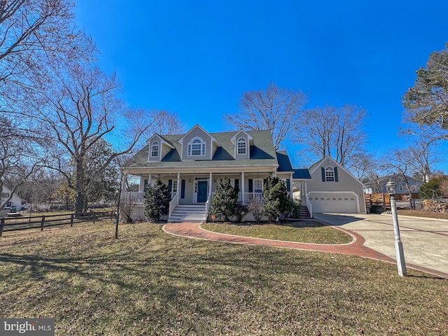 cape cod-style house with fence, a porch, concrete driveway, a front lawn, and a garage