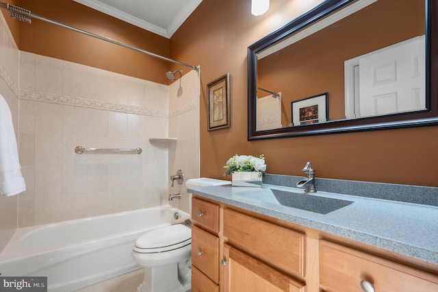 bathroom featuring shower / washtub combination, vanity, toilet, and crown molding