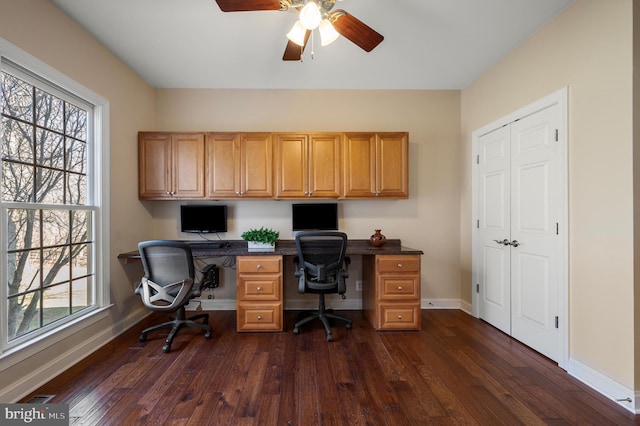 office area with a healthy amount of sunlight, dark wood-type flooring, and baseboards