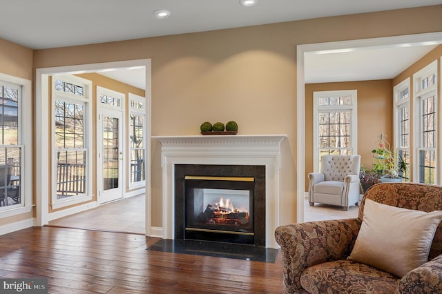 living area featuring wood finished floors, recessed lighting, a fireplace, and baseboards