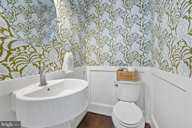 half bathroom featuring wainscoting, wood finished floors, toilet, wallpapered walls, and a sink