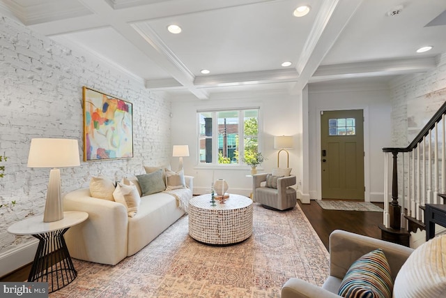 living room with stairs, recessed lighting, beam ceiling, and wood finished floors