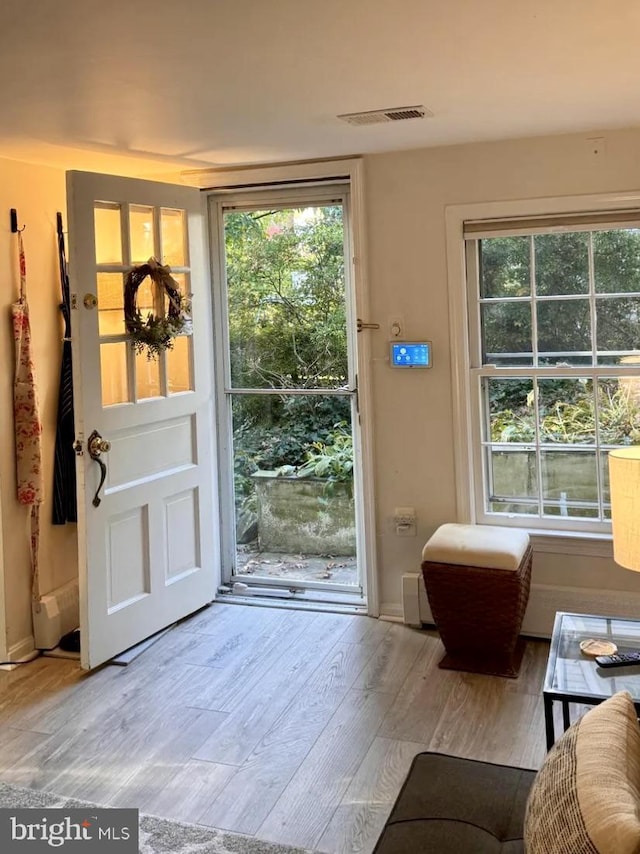 entryway featuring visible vents, baseboards, a healthy amount of sunlight, and wood finished floors