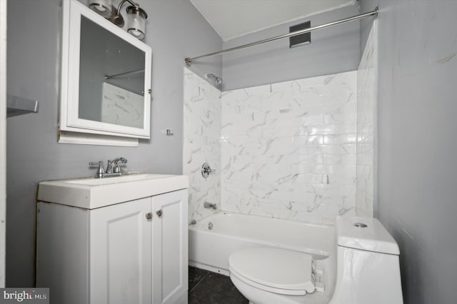 full bathroom featuring tub / shower combination, visible vents, toilet, and vanity