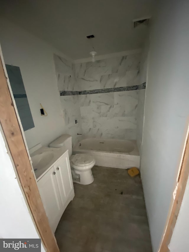 bathroom with visible vents, toilet, vanity, and bathtub / shower combination