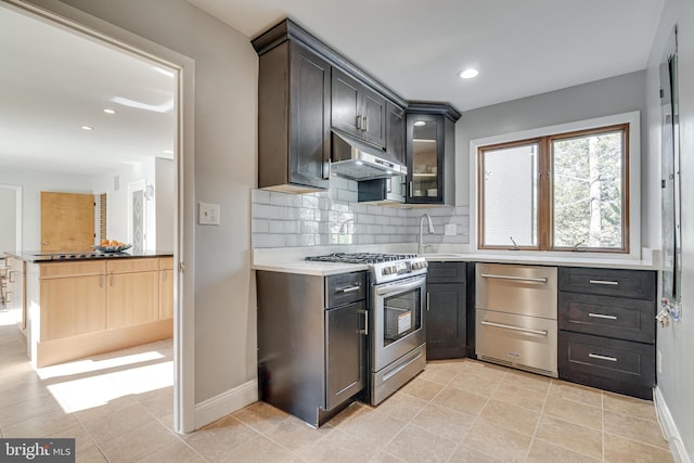 kitchen with stainless steel range with gas stovetop, light countertops, glass insert cabinets, under cabinet range hood, and tasteful backsplash