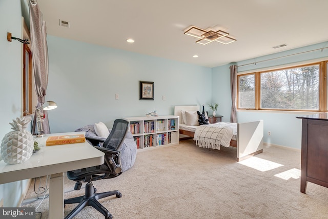 bedroom featuring carpet flooring, recessed lighting, baseboards, and visible vents