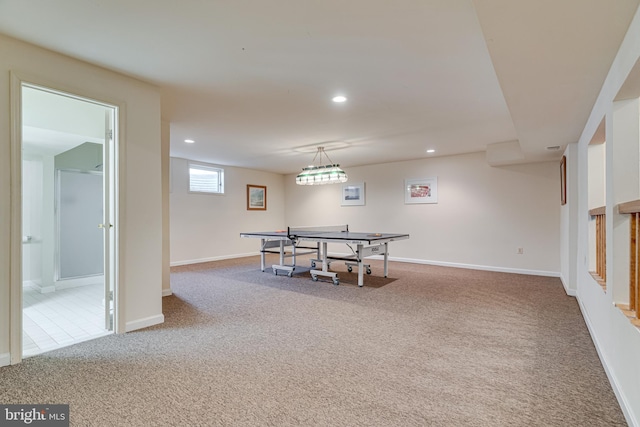 recreation room with recessed lighting, baseboards, and carpet