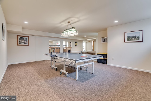 rec room with recessed lighting, carpet, and baseboards