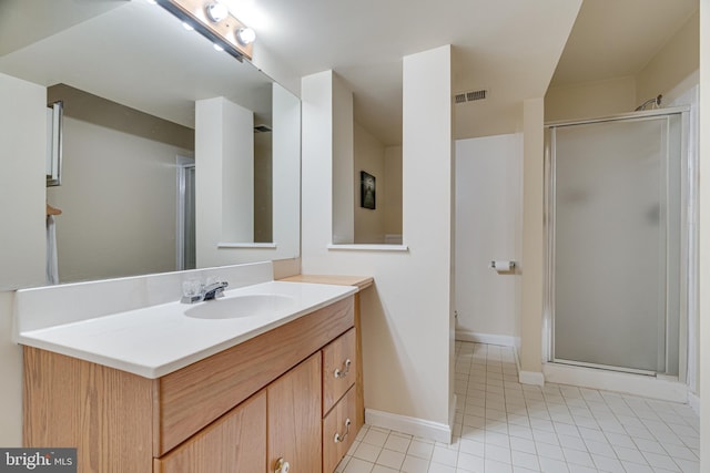 full bath with visible vents, a shower stall, baseboards, tile patterned floors, and vanity