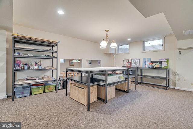 rec room with visible vents, recessed lighting, baseboards, and carpet floors