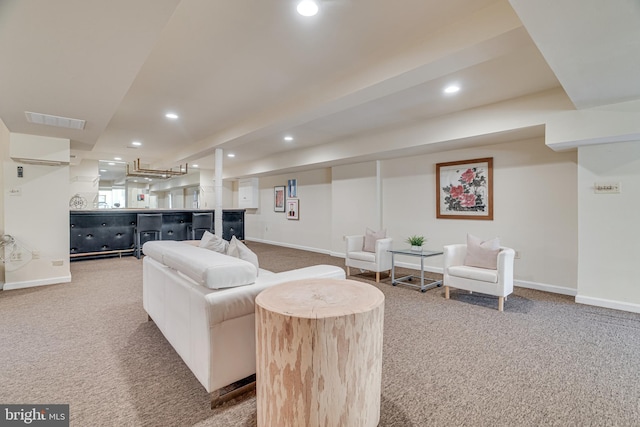 living room featuring recessed lighting, visible vents, carpet flooring, and baseboards