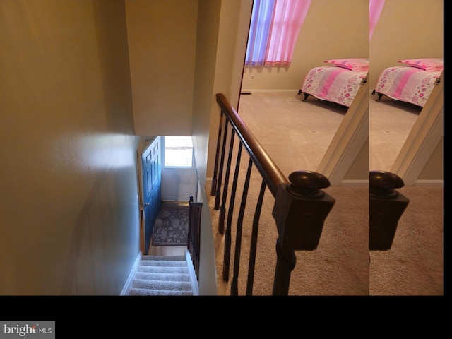 stairs featuring baseboards and carpet floors