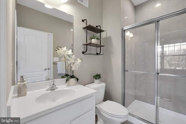 full bath featuring visible vents, a shower stall, toilet, and vanity