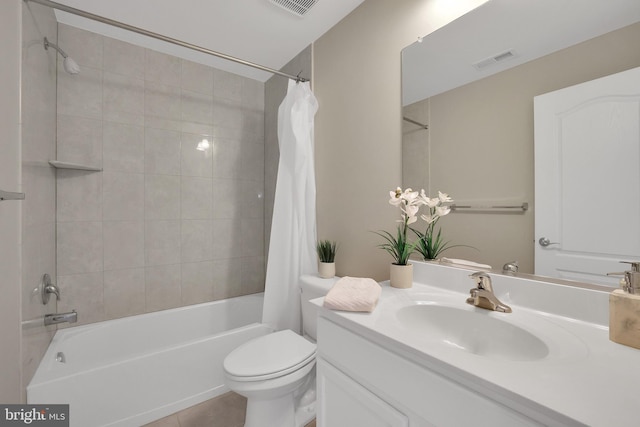 bathroom with visible vents, shower / bathtub combination with curtain, toilet, tile patterned flooring, and vanity