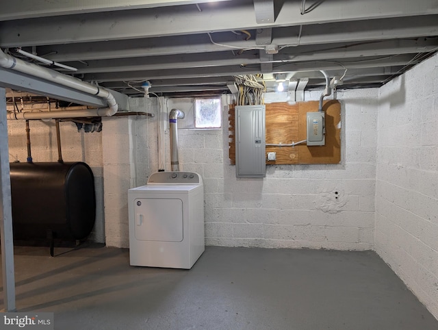 basement with electric panel, washer / clothes dryer, and heating fuel