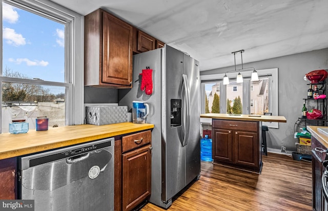 kitchen featuring a wealth of natural light, stainless steel appliances, wooden counters, and wood finished floors