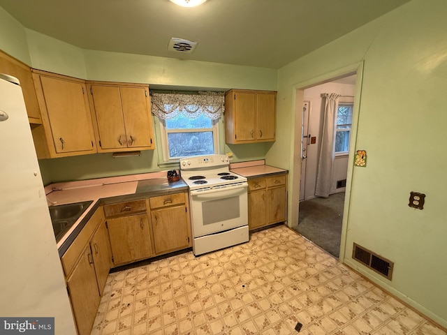 kitchen with electric range, light floors, visible vents, and a sink