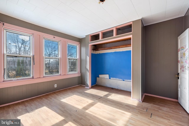 interior space featuring a closet, multiple windows, wooden walls, and wood finished floors