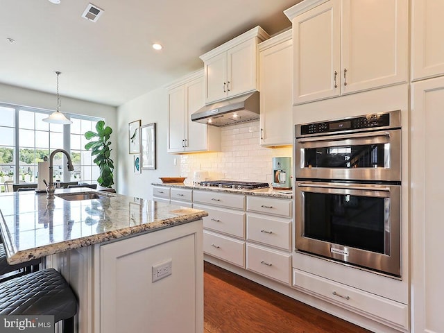 kitchen with backsplash, light stone countertops, under cabinet range hood, stainless steel appliances, and a sink