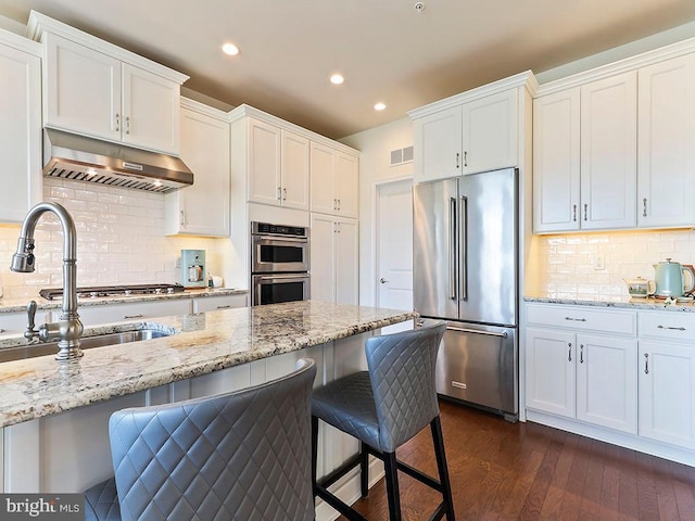 kitchen featuring under cabinet range hood, a kitchen breakfast bar, appliances with stainless steel finishes, and a sink