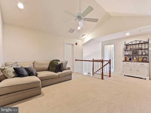 living room featuring a ceiling fan, carpet, visible vents, high vaulted ceiling, and recessed lighting