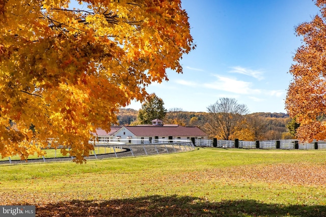 view of property's community with fence and a lawn