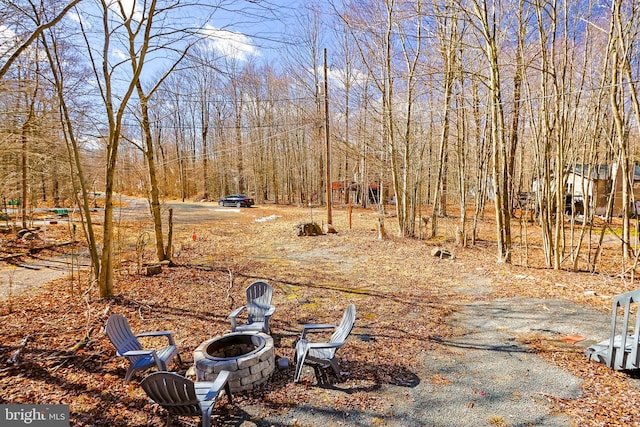 view of yard featuring an outdoor fire pit