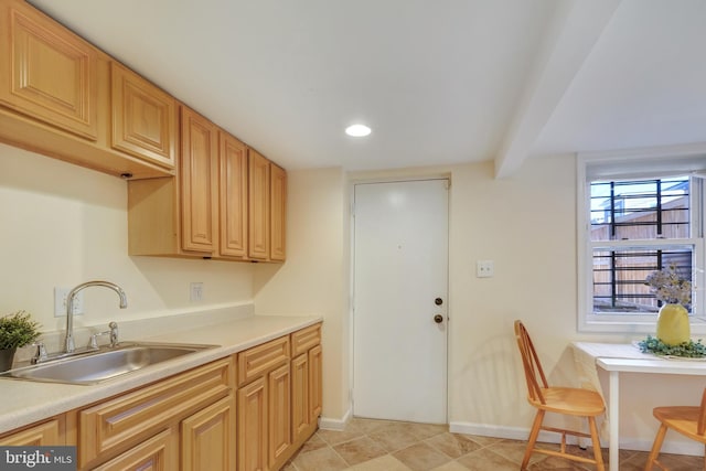 kitchen with light countertops, baseboards, and a sink