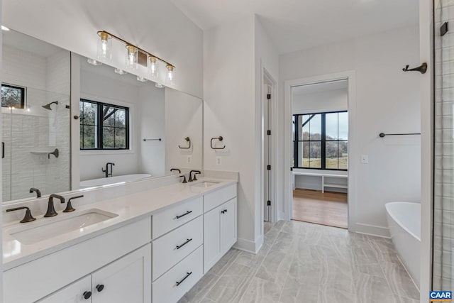 full bathroom featuring plenty of natural light, a shower stall, and a sink