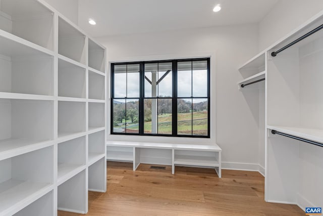 spacious closet featuring visible vents and light wood-type flooring