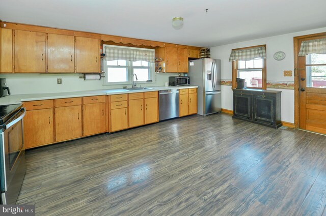 kitchen featuring a sink, dark wood-type flooring, light countertops, and stainless steel appliances