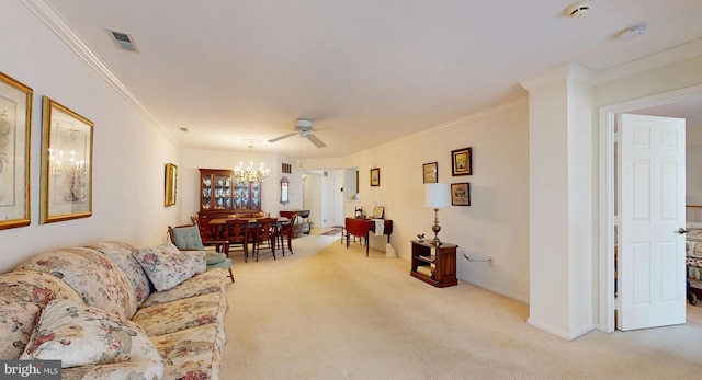 living area featuring crown molding, ceiling fan with notable chandelier, visible vents, and light carpet