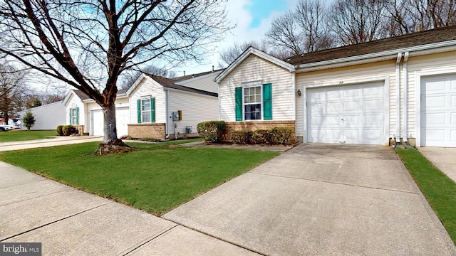 ranch-style house with brick siding, concrete driveway, a garage, and a front yard